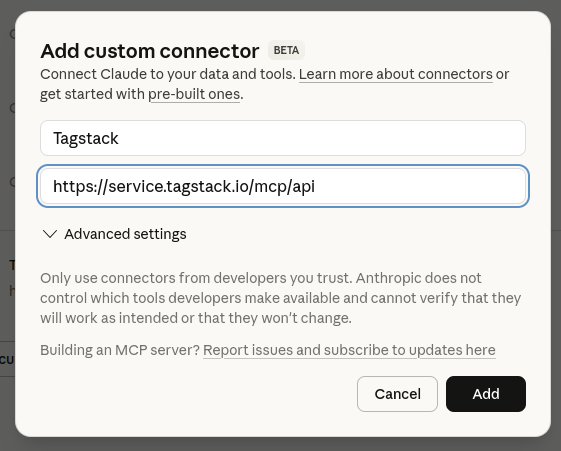 Claude.ai connect MCP modal