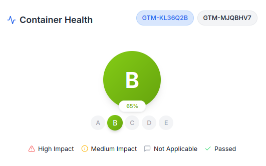 GTM audit results dashboard with categorized issues